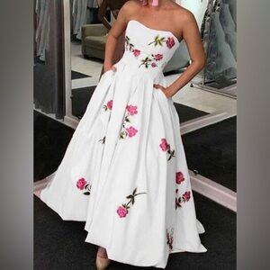 SHEIN White Strapless Dress with Red Floral Accents